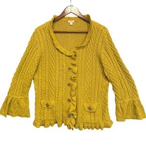 JJill Womens Cable Knit Ruffle Cardigan Sweater Cotton Mustard Sz L Lagenlook